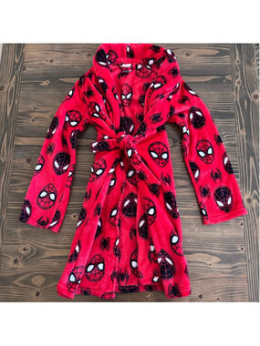 Marvel Spider Man Robe Boys L 12 14 Red Plush Hooded Tie Belt